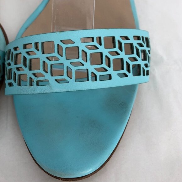 Manolo  Blahnik Maurila Turquoise Geometric Laser Cut Sandal Heels Leather 41 - Picture 14 of 16